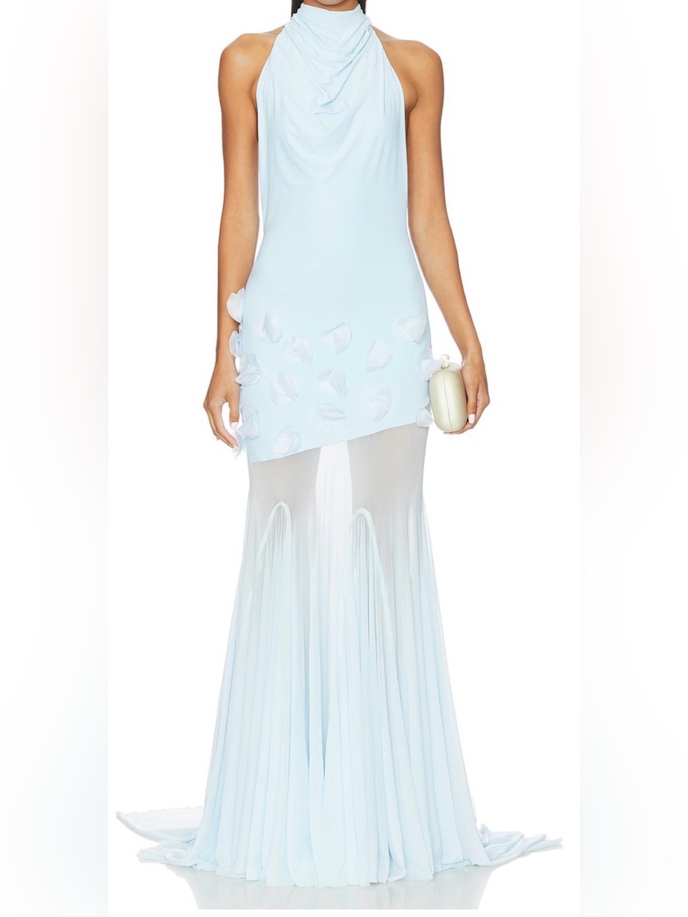 Halter Neck Light Blue Maxi Dress with Sheer Pleated Skirt